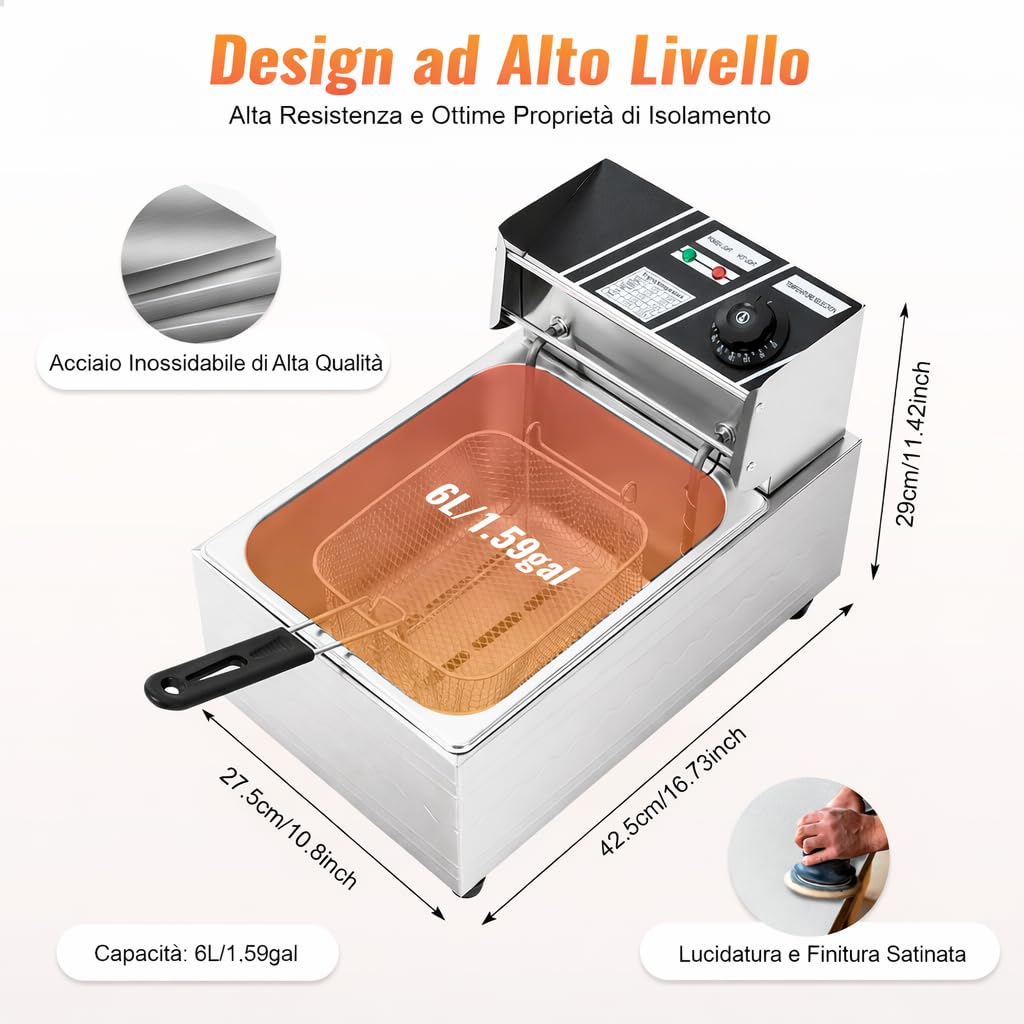 Friggitrice elettrica 2500 W commerciale in acciaio inox 6L con scolapiatti e coperchio, controllo della temperatura in acciaio inox, friggitrice rettangolare grande dispositivo per gastronomia, uso