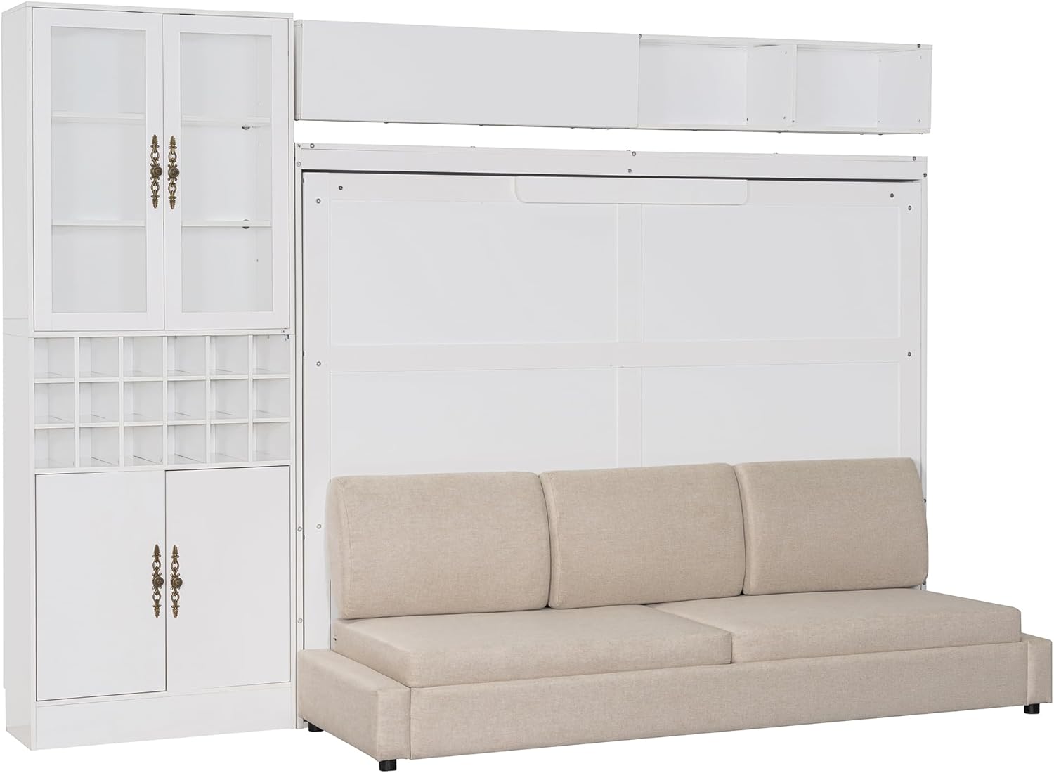 Merax Queen Size Murphy Bed Wall Bed with Sofa, Shelves, USB & Light - Space Saving Foldable Bed for Small Apartments, White Queen White