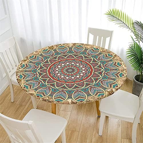 Fansu Round Tablecloth Waterproof Wipe Clean, Circular Tablecloths Fitted Elastic Edged, Stain Resistant Polyester Table Cover for Dinning Room Kitchen Picnic (Black bohemian,120cm)