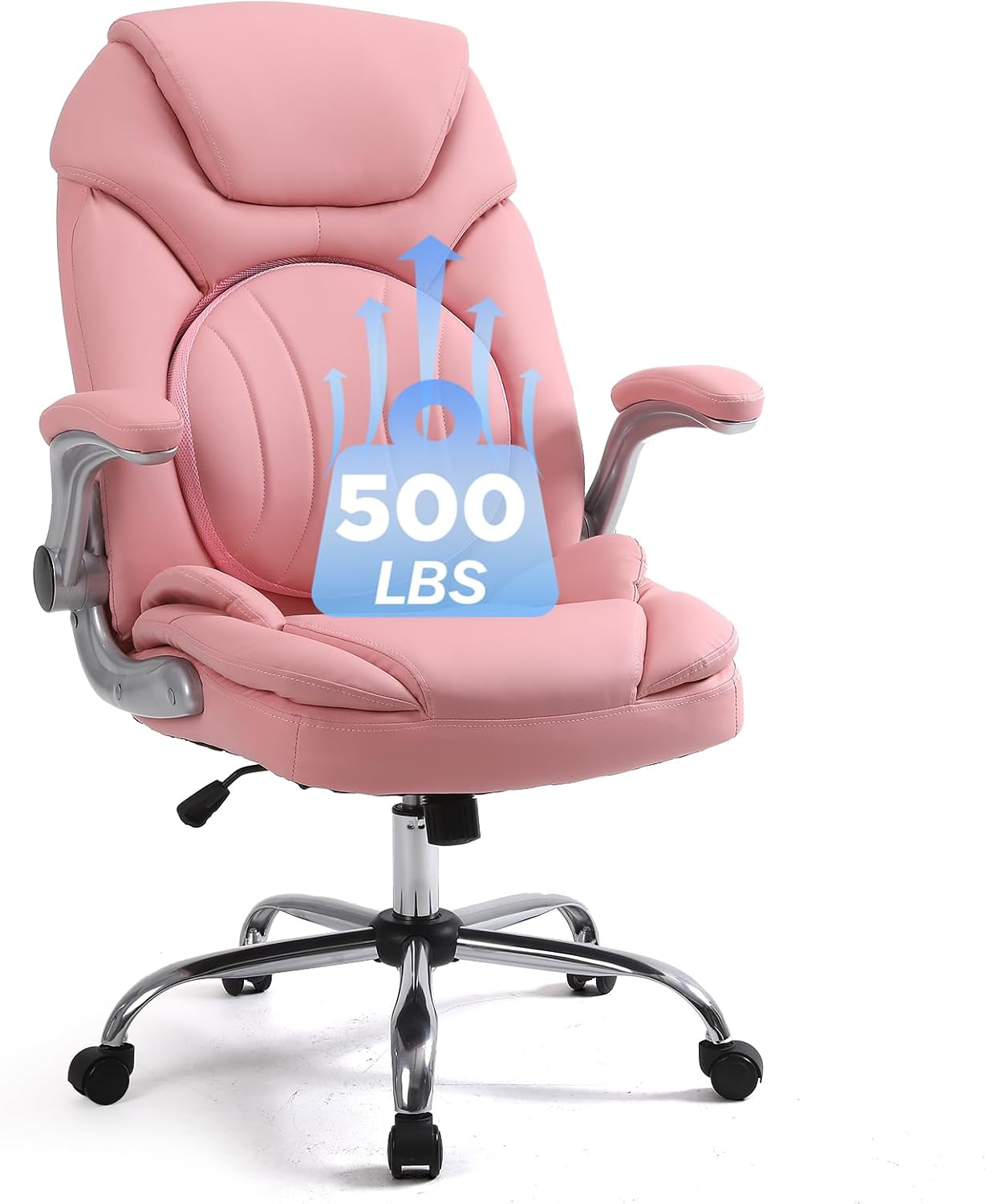 Plus Size Criss Cross Wide Comfy Office Desk Chair with Back Support, Pink | Ergonomic Lumbar Support, Wide Seat, Flip-up Padded Arms, Comfortable for Sitting All Day, Faux Leather