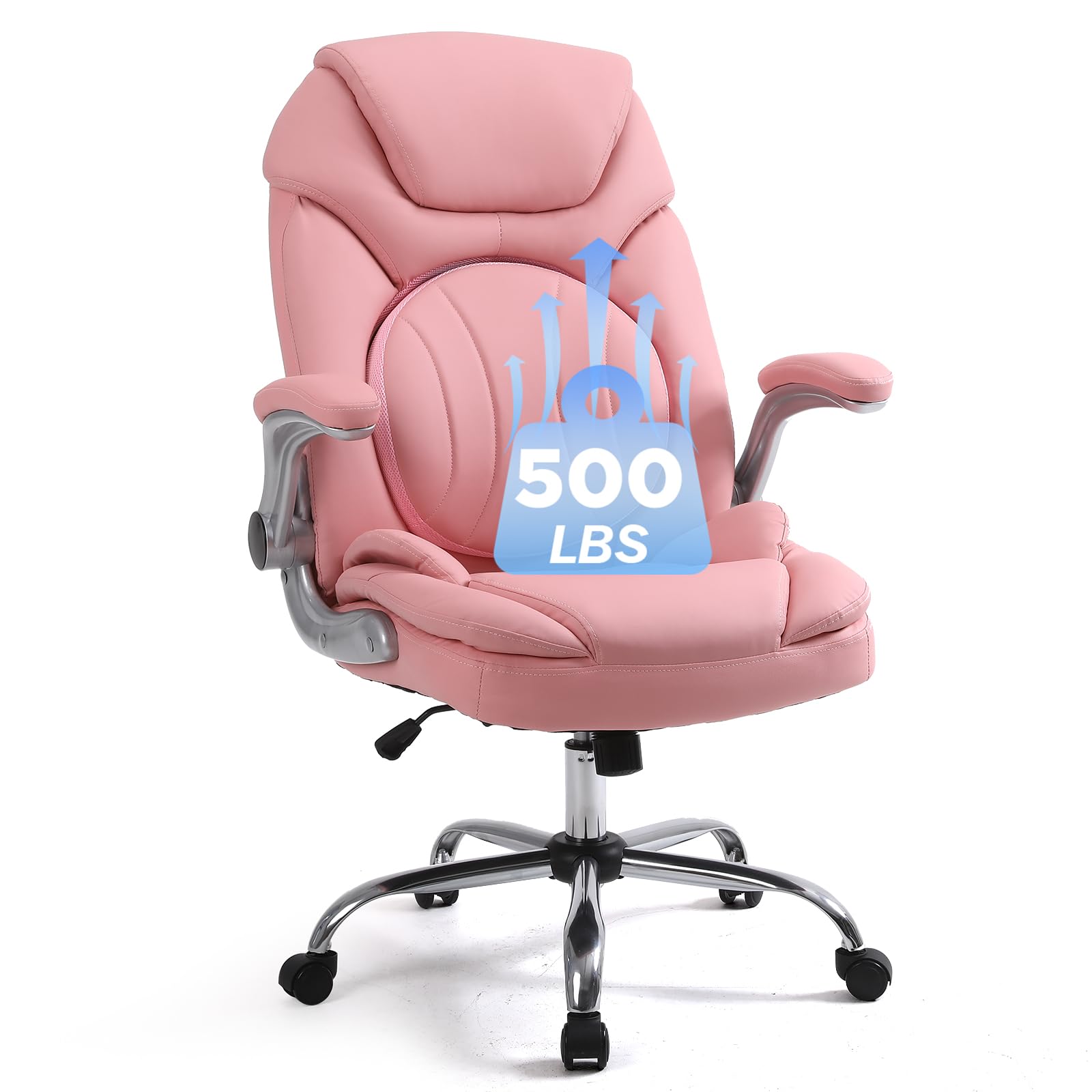 Plus Size Criss Cross Wide Comfy Office Desk Chair with Back Support, Pink | Ergonomic Lumbar Support, Wide Seat, Flip-up Padded Arms, Comfortable for Sitting All Day, Faux Leather