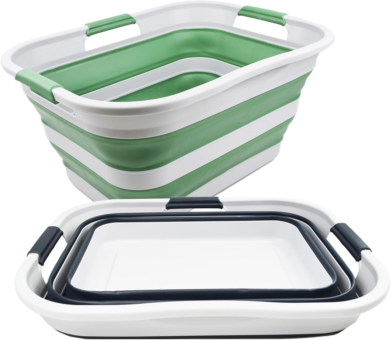 SAMMART 30L(8 gallon) Collapsible Plastic Laundry Basket-Foldable Pop Up Storage Container/Organizer-Portable Washing Tub-Water capacity: 24L(6.3 gallon) (Dark Sea Green+Slate Grey(Set of 2))