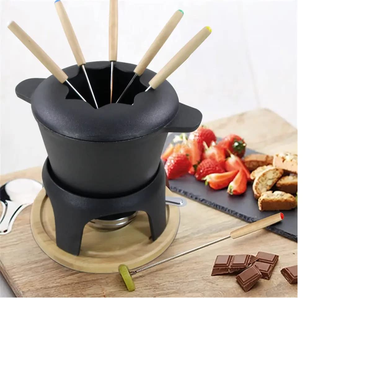 Service à fondue traditionnelle en fonte émaillée noire mate pour fondue suisse Taditional - 12 pièces - Pour viande, chocolat et fromage - Pot à fondue au chocolat en fonte - 6 pièces