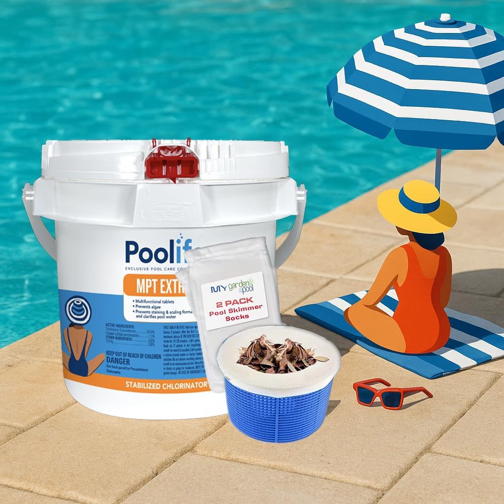 Poolife MPT Extra 4 lb – 3-in-1 Chlorine Tablets for Complete Pool Care – Sanitizes, Clarifies & Prevents Algae – Includes 2 Scum Socks and 7-in-1 Test Strips