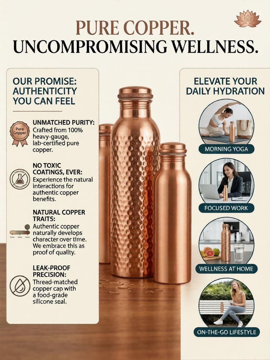 Copper Water Bottle (34oz/1000ml) 100% Pure Handmade Hammered Ayurvedic Pure Copper Vessel for Drinking Heavy Duty & Leak-proof