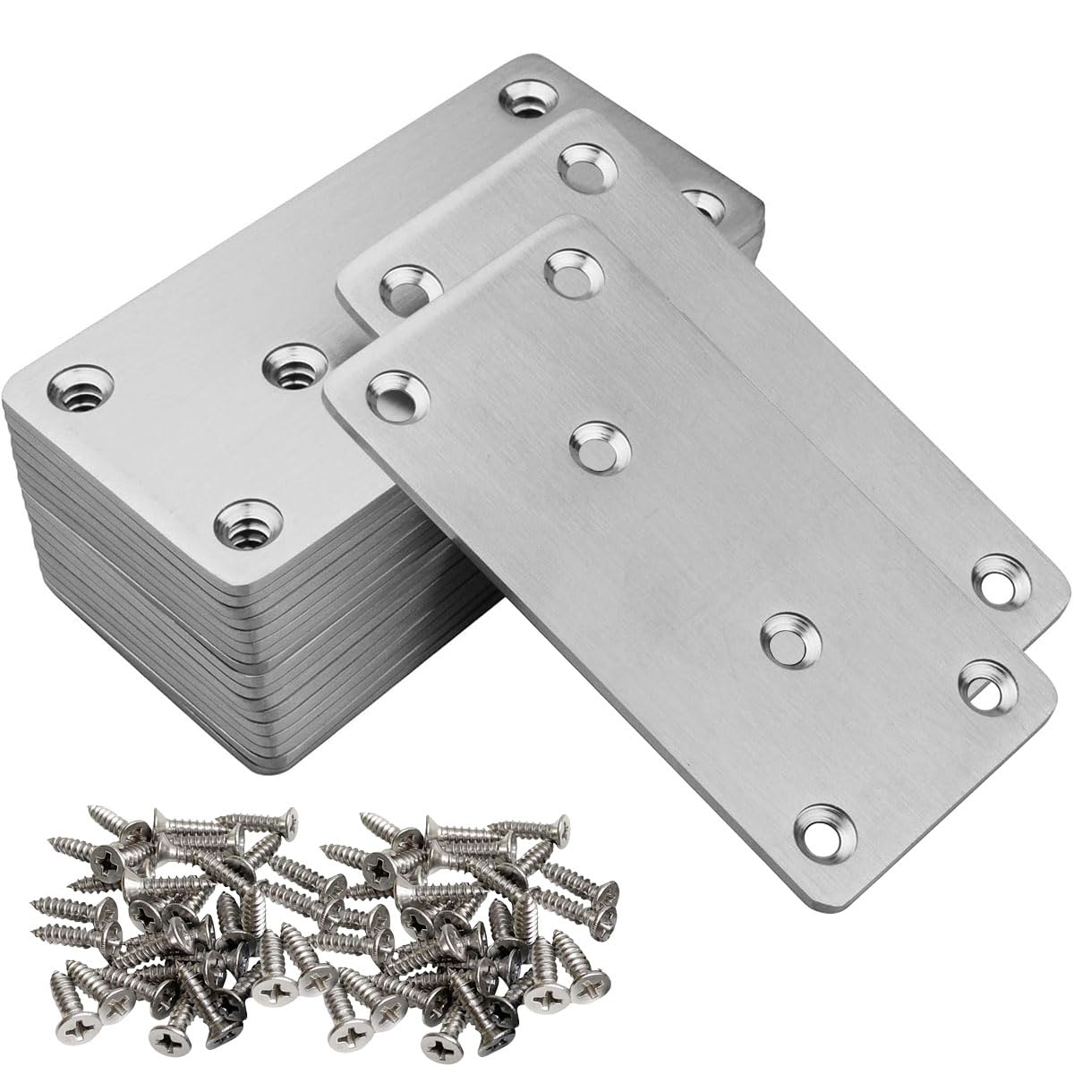 Paquete de 20 placas de unión de acero inoxidable de 3 x 1.5 pulgadas, placas de reparación plateadas, soporte plano, soporte recto de metal con tornillos para estantes de gabinetes de muebles
