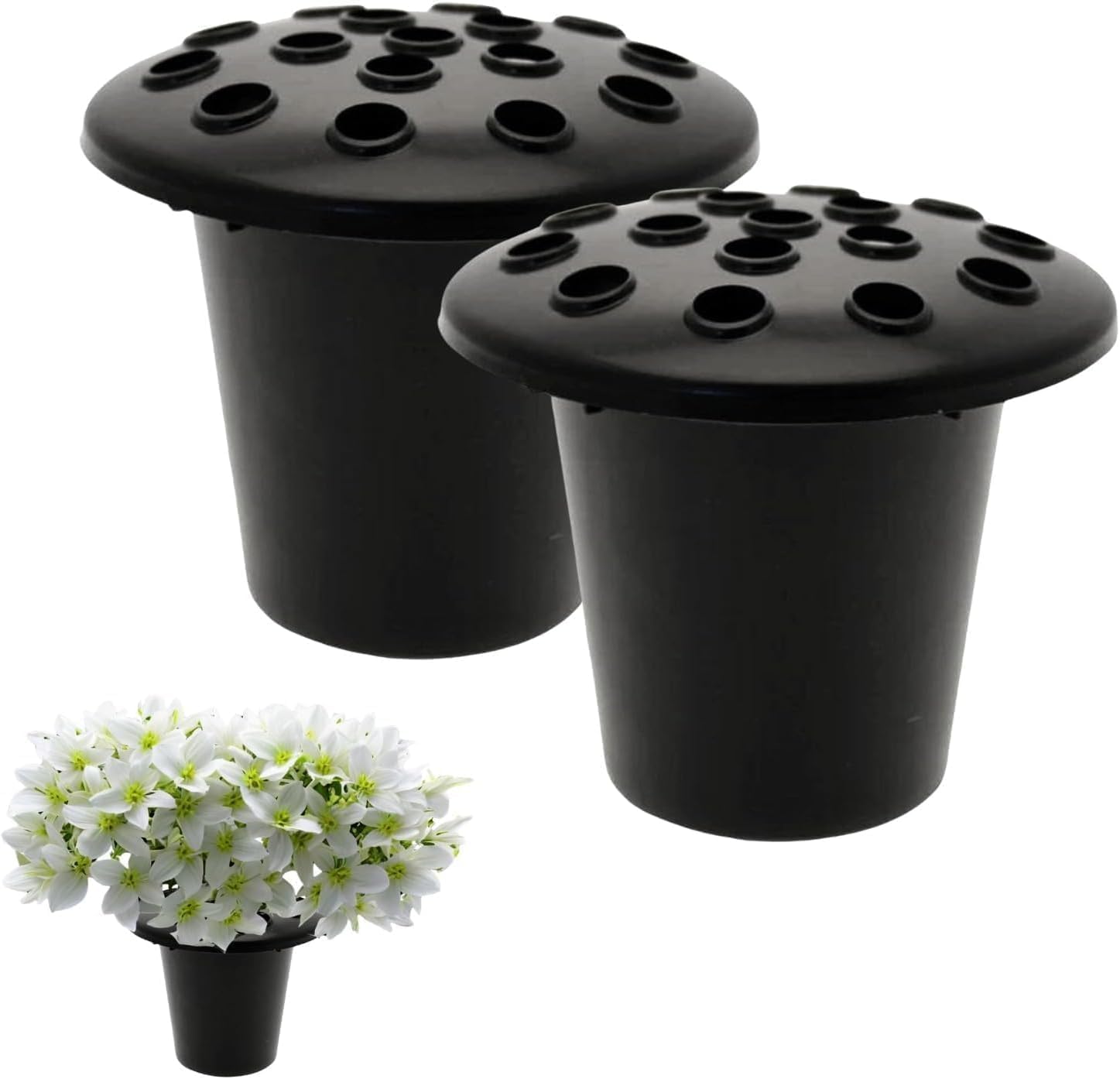 Grave Flower Holders with lid pack of 2 Black, Memorial Vases for Graves Strong Plastic Grave Flower Pots Insert in Grave-side, Grave Vase for Grave Decorations