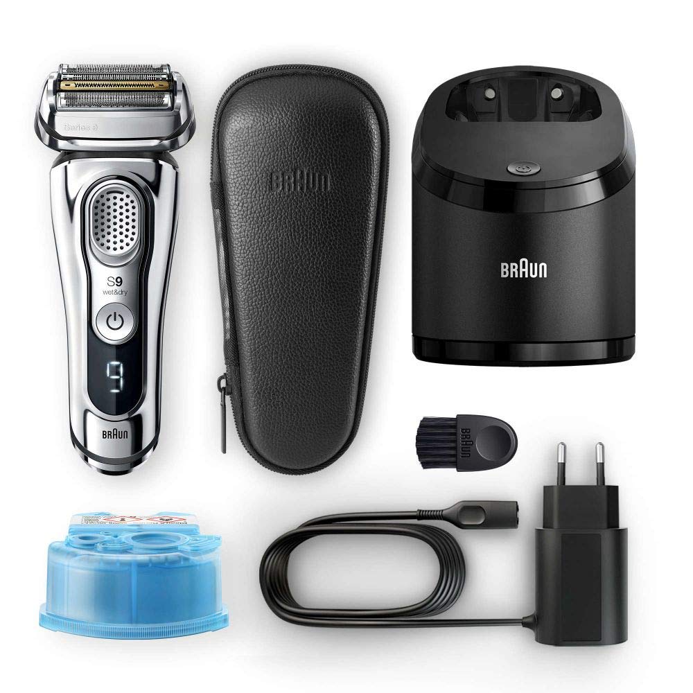 Braun Series 9 9395cc Elektrorasierer für Herren, verbesserte Reinigungs- und Ladestation, Ledertasche, Elektrorasierer für Nass- und Trockenheit, Präzisionstrimmer, verchromt | 1er Pack