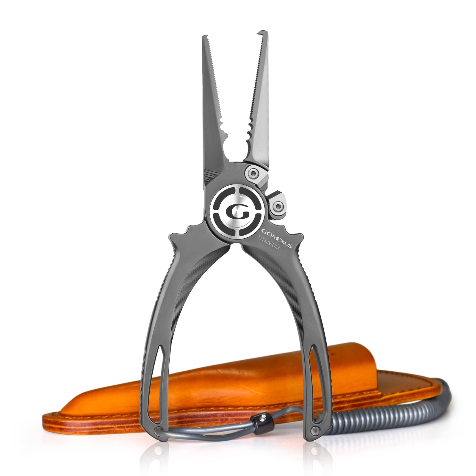 Gomexus Titanium Fishing Pliers 7.5'' with Side Cutters, Lanyard & Leather Sheath, Never Rust Hook Remover, Saltwater Resistant, Jigging Fishing