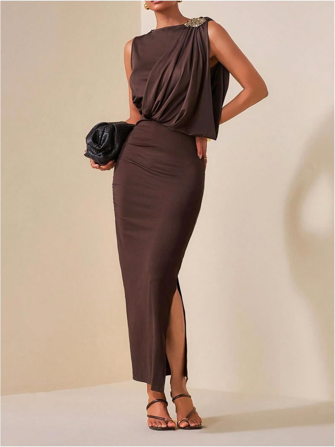 GORGLITTER Women's Ruched Cocktail Bodycon Maxi Dress Sleeveless Wedding Guest Metallic Floral Long Dresses - Image 5