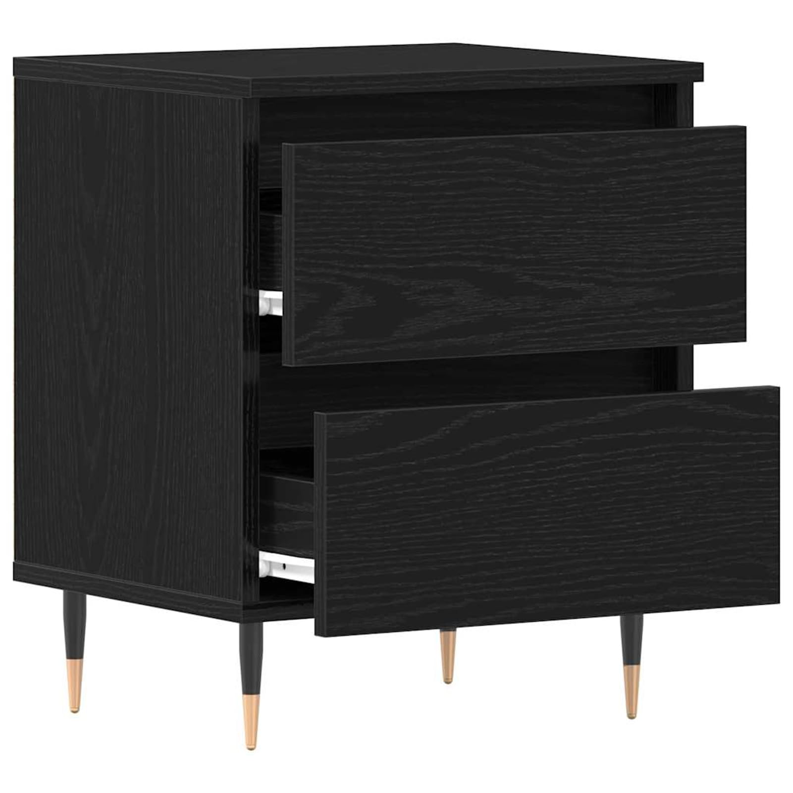 Nachttisch Schwarz Eichen-Optik 40x35x50 cm Holzwerkstoff mit 2 Schubladen | Modernes Design mit kegelförmigen Metallbeinen, langlebiger Holzwerkstoff, einfache Pflege mit feuchtem Tuch