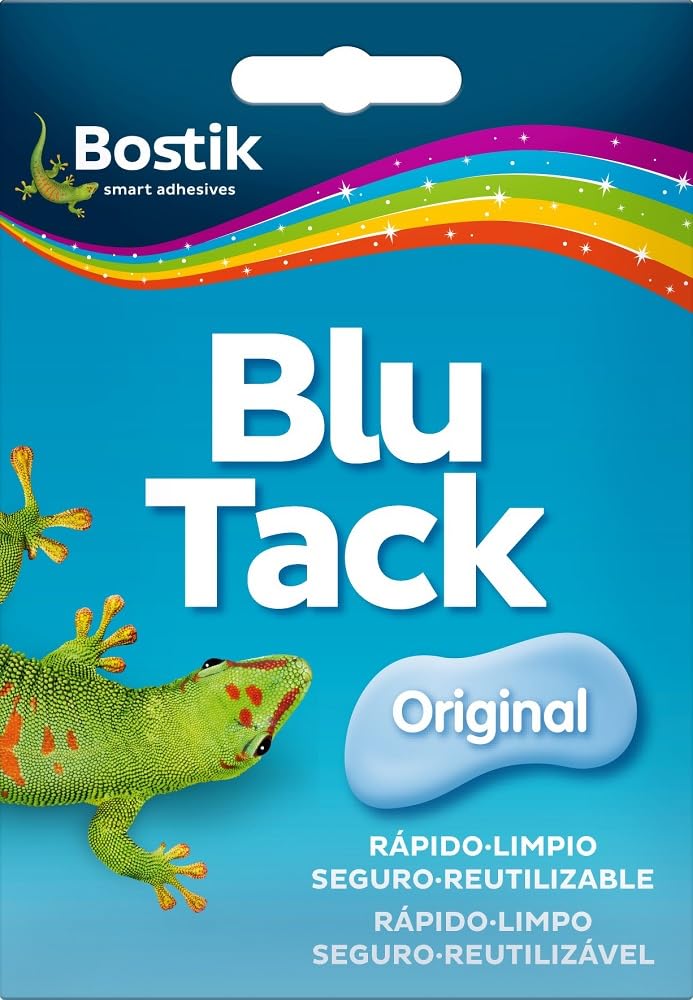 BOSTIK Blu Tack Original Azul, Masilla Adhesiva, Moldeable y Reutilizable, Fijación de Todo Tipo de Objetos, Limpia, Segura y Fácil de Usar, Sustituye Chinchetas y Cintas Adhesivas, Sobre 57 g