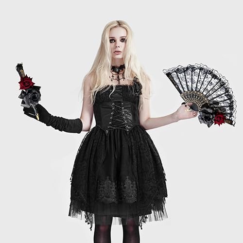 Miniatura 4 de Ceoyiler Abanico de encaje negro para Halloween, color rosa, de mano, retro, español, plegable, para mujeres y niñas, fiesta de Halloween, cosplay,