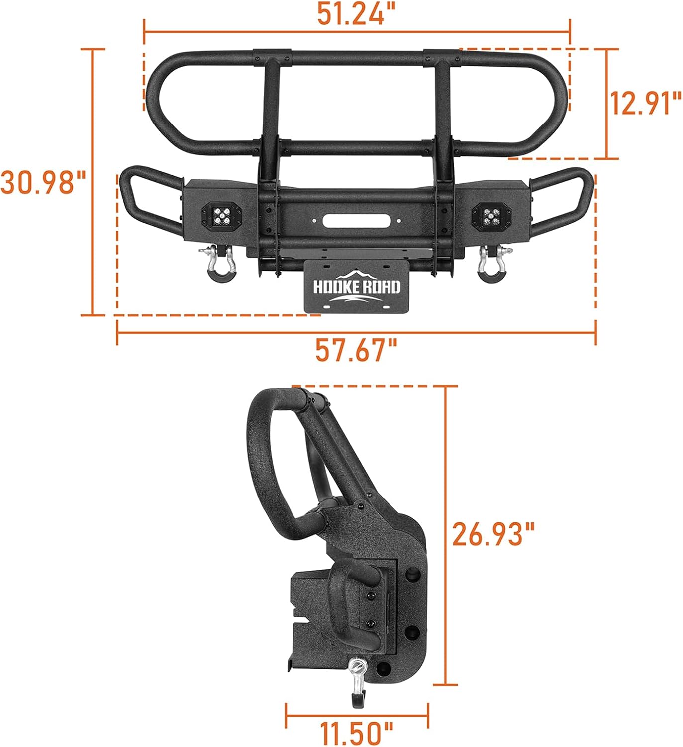 Dimensional drawing of the Hooke Road Front Bumper, showing overall width, height, and depth measurements.