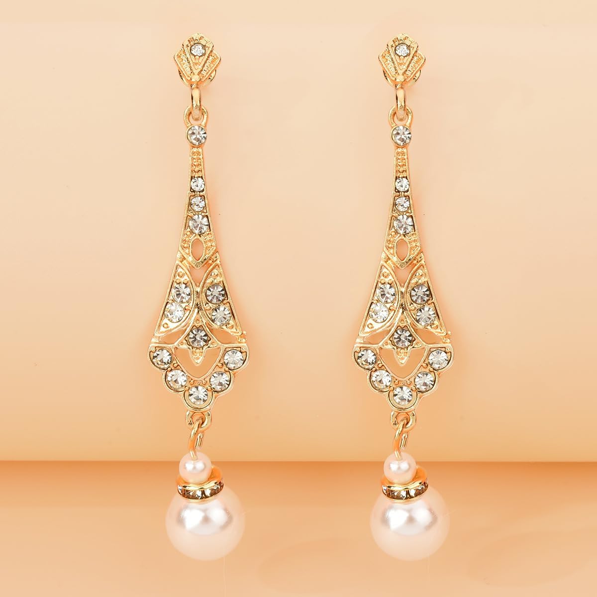 18K Gold Plated Vintage Rhinestone Dangle Earrings with Simulated Pearl Drop and Cubic Zirconia – Elegant Long Statement Jewelry - Image 3
