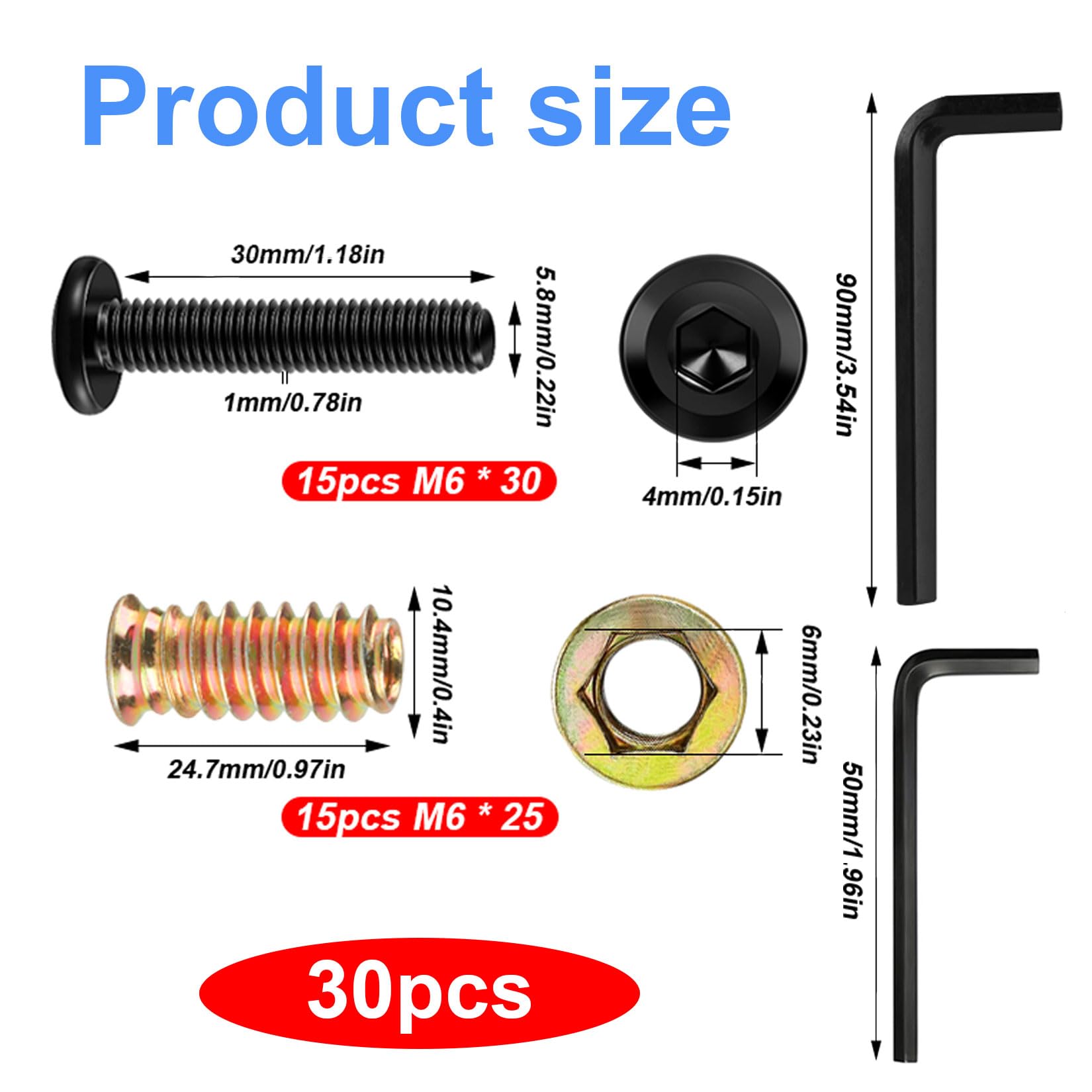 30 Pcs M6 Threaded Inserts for Wood with Bolts Set: 15 Furniture Hex Socket Drive Screw-in Nuts(M6x 25mm) & 15 Furniture Screws Flat Head Hex Socket Bolts(M6x 30mm) - Image 2