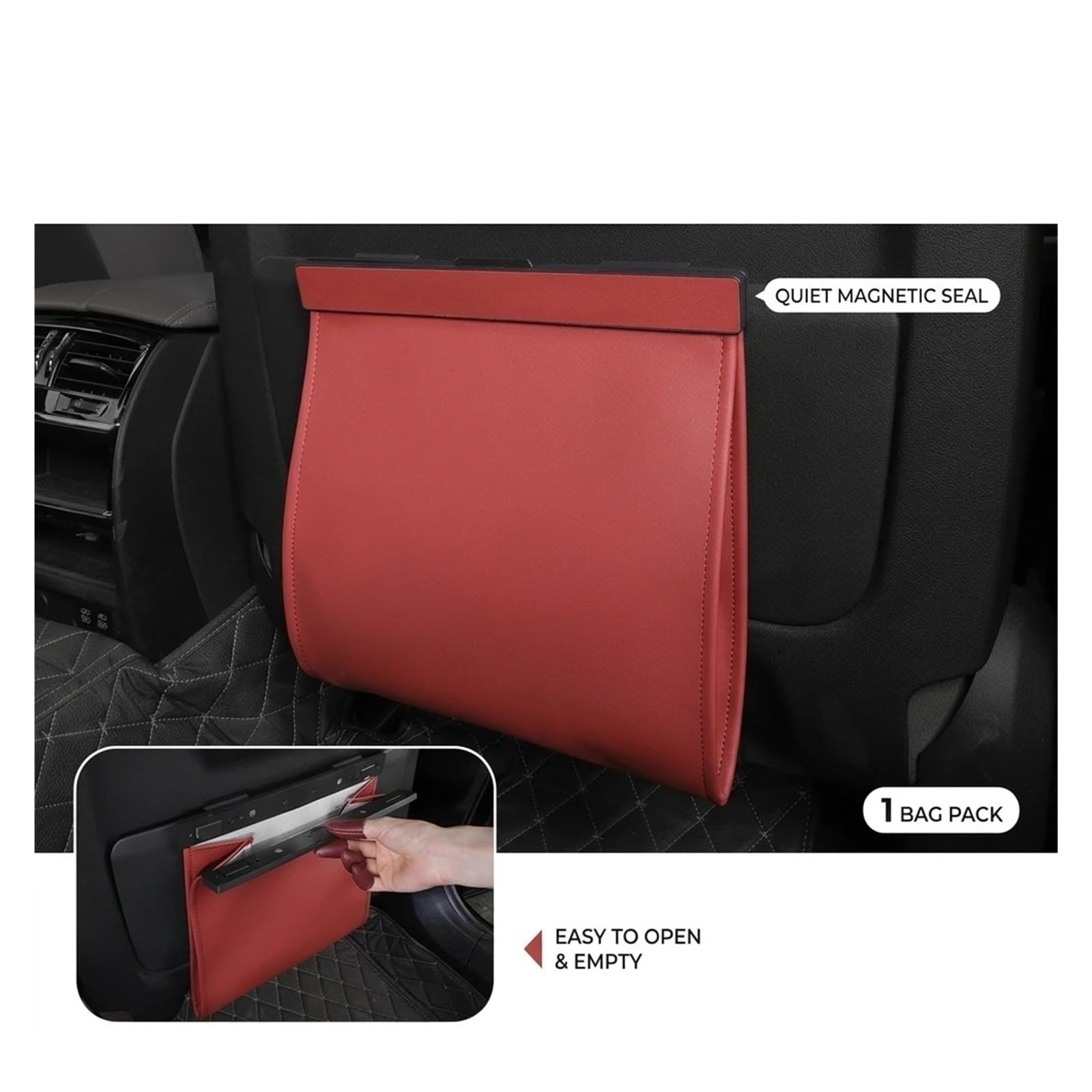 Poubelle Voiture Sac Poubelle Voiture À Adsorption Magnétique Étanche Cuir PU pour Siège Arrière Suspendue Accessoires D'intérieur Mini Poubelles Voitures(Volcanic Red)