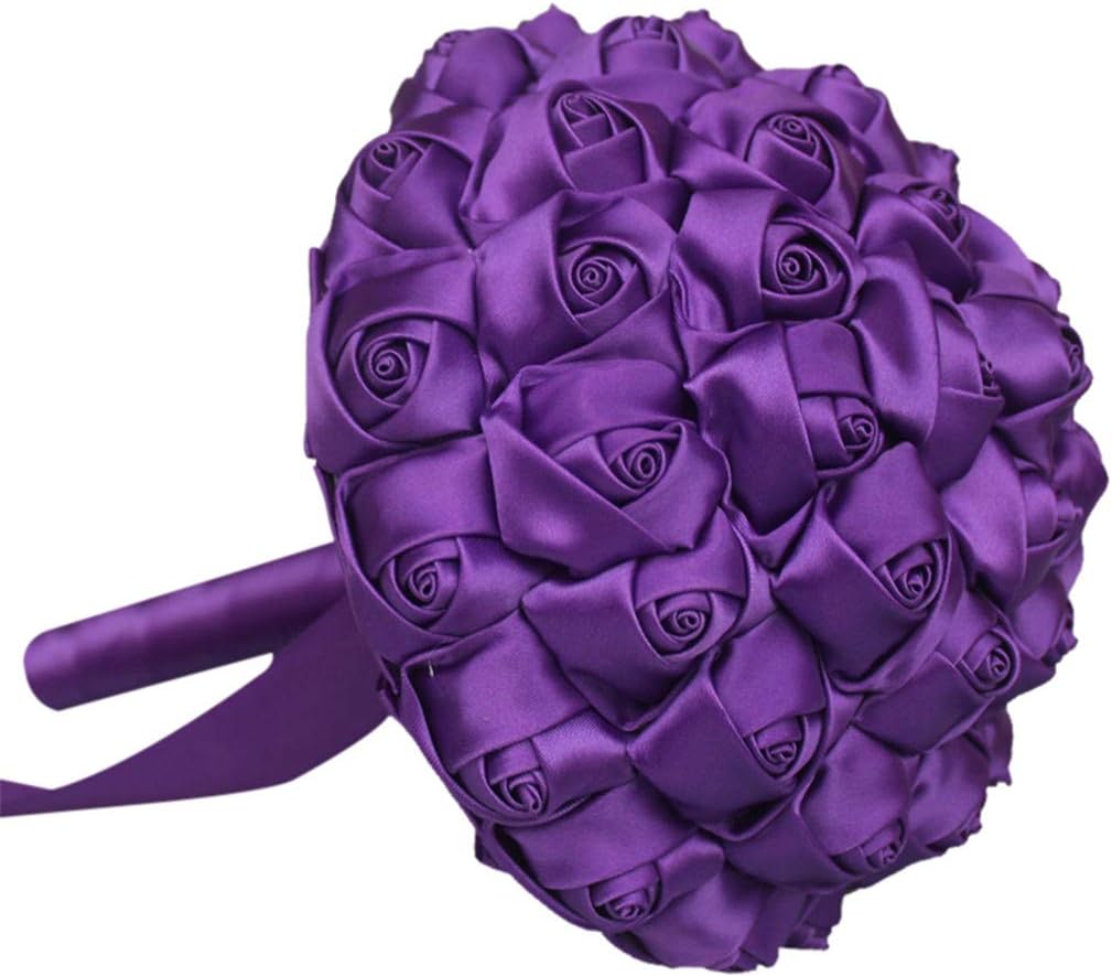 Customization Satin Rose Wedding Bouquet Solid Color Bridal Holding Bouquet Wedding Flower Arrangements Bridesmaid Bouquet, Purple