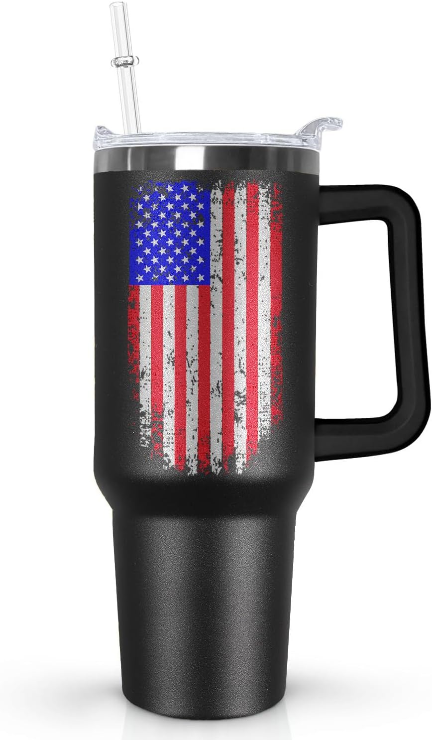 Ceovfoi American Flag Tumbler with Handle,40 oz Dad Vacuum Insulated Stainless Steel Travel Tumblers,Patriotic Military Gifts For Veterans, Police, Fathers Day, 4th of July