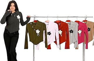 بلوزة باكمام طويلة مزينة بالزهور، الوان متعددة، قماش منسوج مضلع