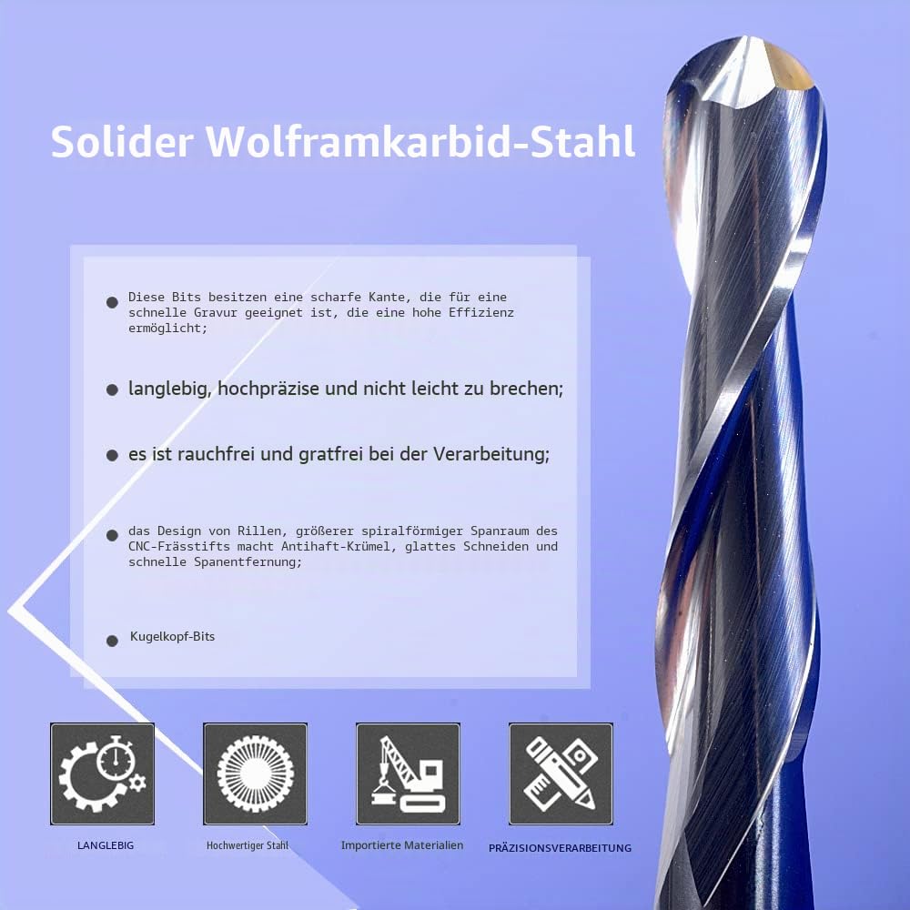 EU_HOZLY Fräser für Holzarbeiten, Durchmesser 1 mm, 1,5 mm, 2,0 mm, 2,5 mm, 3,175 mm, Hartmetall-Kugelkopffräser, CNC-Gravierfräser