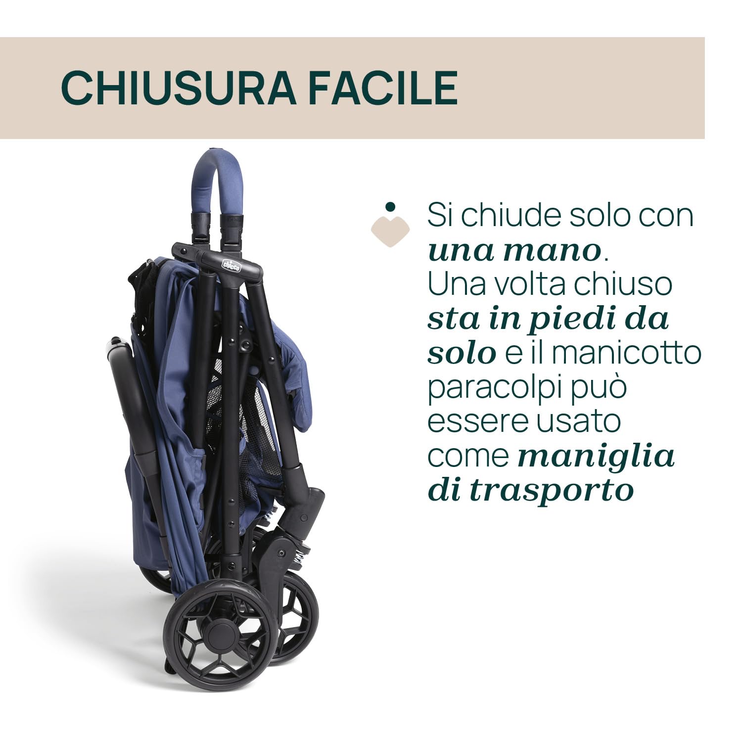 Chicco Urbino, Passeggino 0+ Mesi-22 Kg, Passeggino Leggero con Chiusura Smart e Compatta, Capotte Estensibile con Trattamenti UV50+ Antipioggia, Schienale Reclinabile e Regolabile, Poggiagambe, Blu