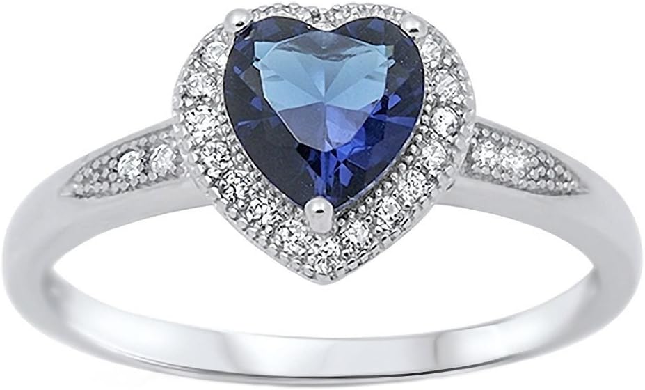 Ida: 0.87ct Heart-Cut Simulated Blue Sapphire with IOF CZ Halo Promise Ring Silver, 3274B