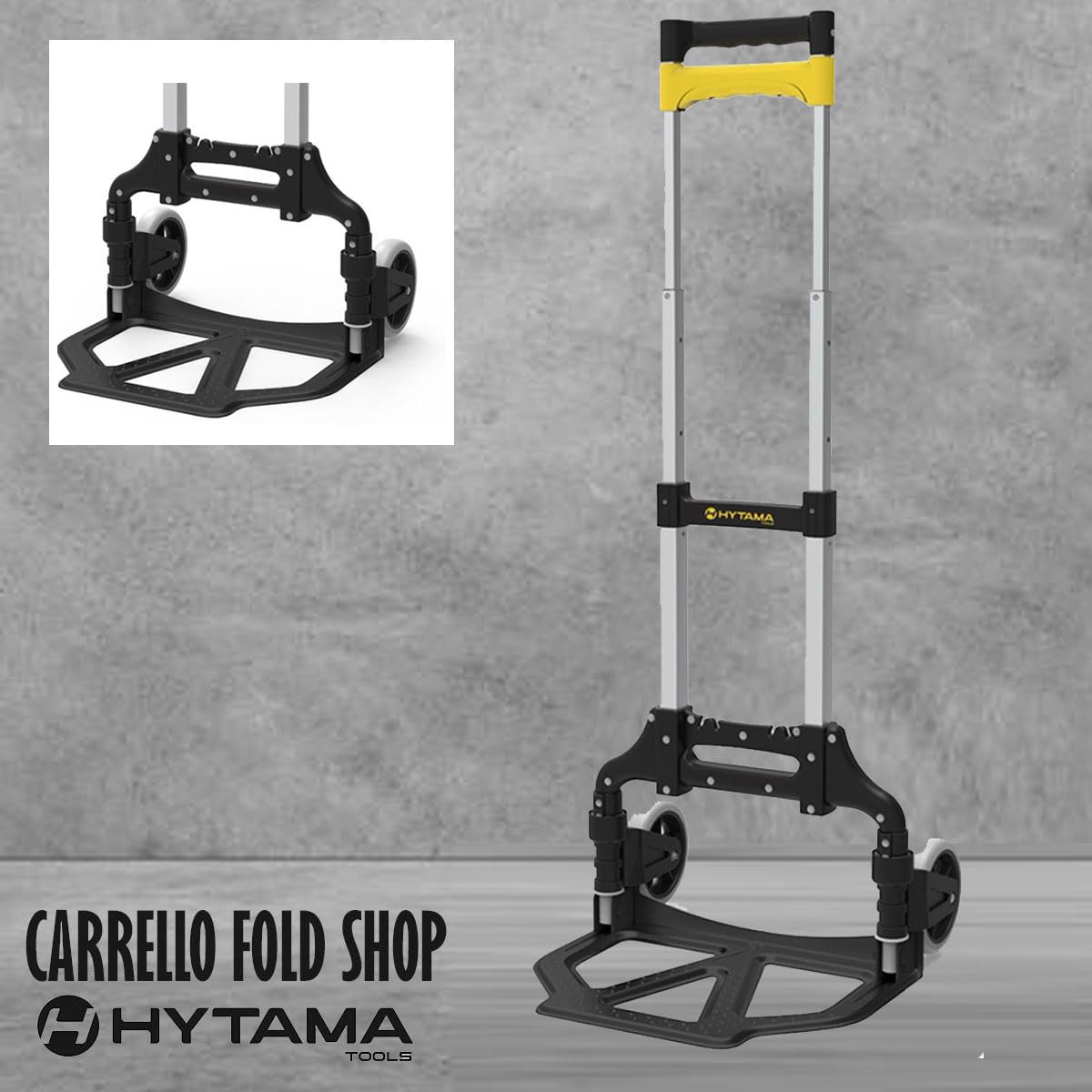 Hytama FOLD Shop Aluminium Transportkarre klappbar - Langer Teleskopgriff 100 cm - Ladefläche mit Anti-Rutsch-Pads - Leichtgängige Räder mit Soft-Laufflächen - inkl. 1 Expanderseilen
