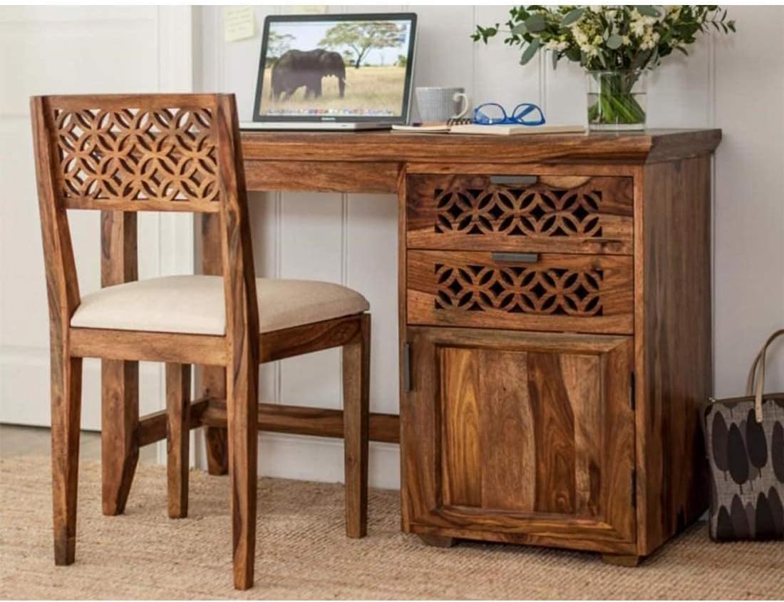 Jangid Handicraft Solid Sheesham Wood Study Table for Adults | Computer Table with Chair for Home | Wooden Writing Desk | Work from Home Table with 2 Drawers & 1 Door Cabinet Storage | Brown Finish