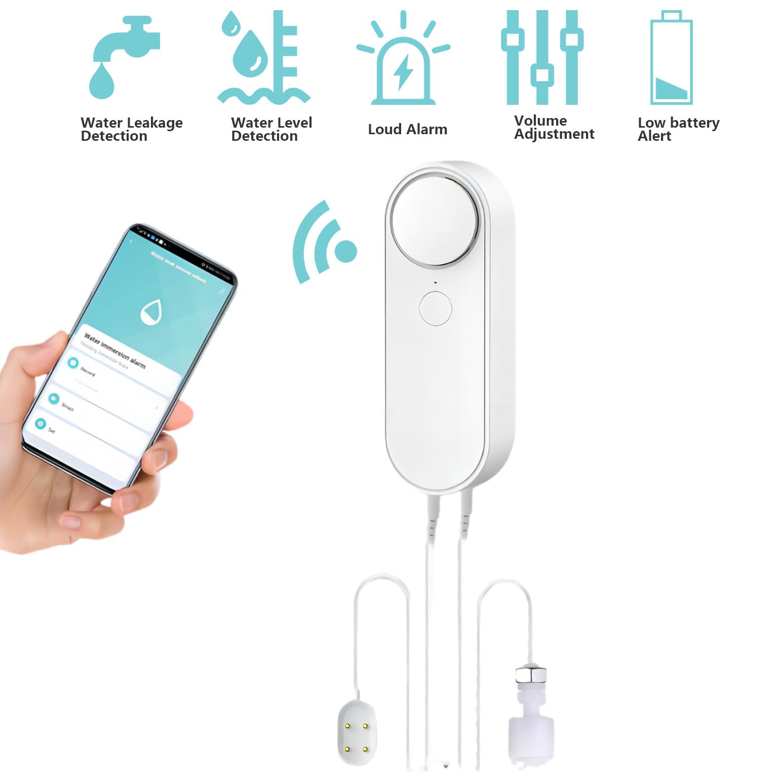 Mengshen WiFi Detektor wycieku wody i poziomu wody, 2-w-1 Tuya Smart Alarm Głośny APP Monitoring alarmu z 6,5-stopową linią wykrywania do pływającego akwarium