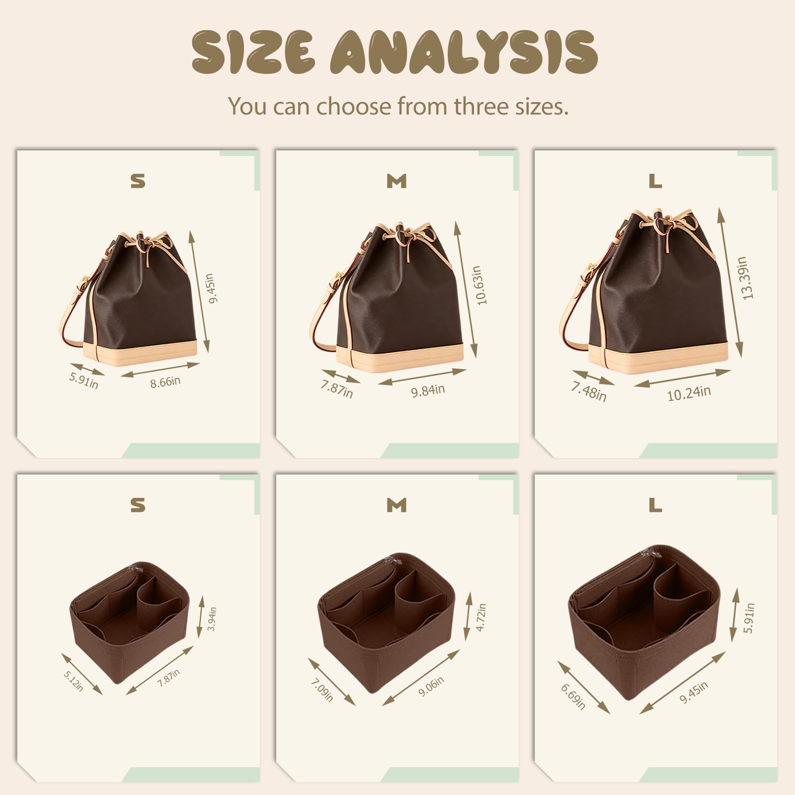 Lckaey Organizador de bolso para LV NOE BB Petit NOE NM Bolsa de almacenamiento Organizador con bolsillo con cremallera Y059coffee-Large
