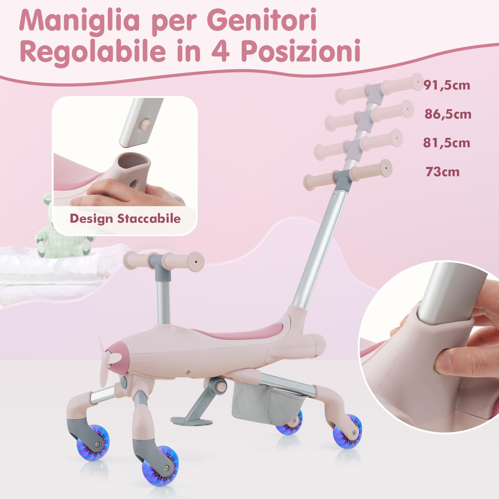 RELAX4LIFE Auto a Spinta per Bambini 2-in-1, Maniglie Regolabili, Ruote in PU con Luci LED, Poggiapiedi Pieghevoli, Carico 50kg, per Bambini 18-60 Mesi (ROSA)