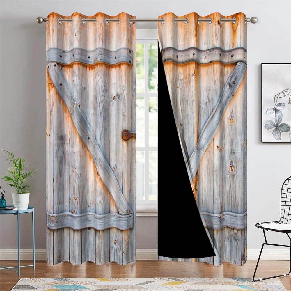 DORCEV Closed Wooden Door Window Curtains Rustic Vintage Barn Door Kitchen Curtains Countryside Farmhouse Old Wood Planks Light Blocking Bedroom Drapery Treatments with Grommets,42x84 inch,2 Panels