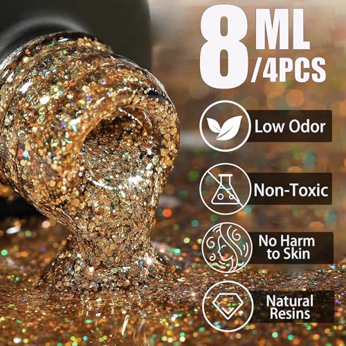 Glitter Nail Polish - 4Pcs Nail Varnish Sets - Quick Dry & Long Lasting Nail Polish Set - Waterproof & Non-Peelable Nail Polish - No Need Cure Nail Paint for DIY Nail Art - Nail Polish Gift Set 8ML - Image 3