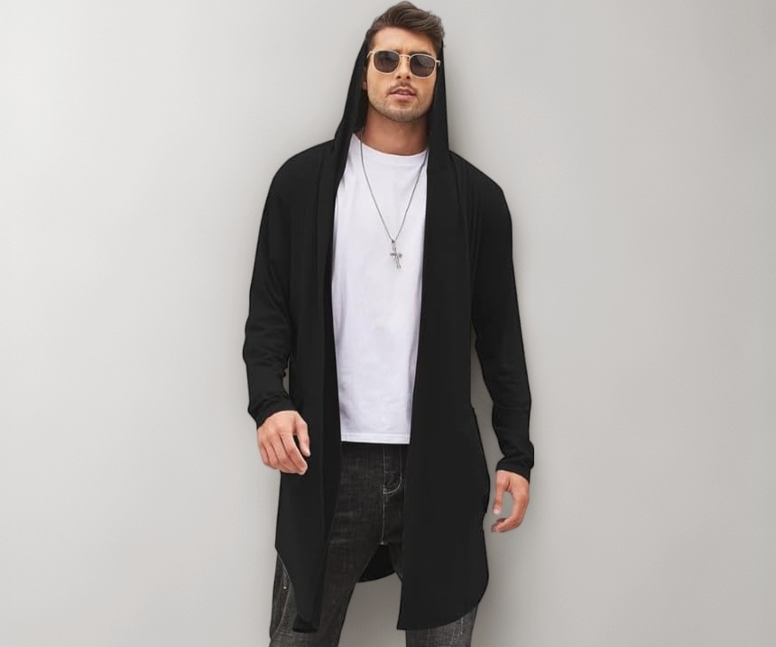 NEMO FASHION Men's Long Hooded Cardigan Shawl Collar Lightweight