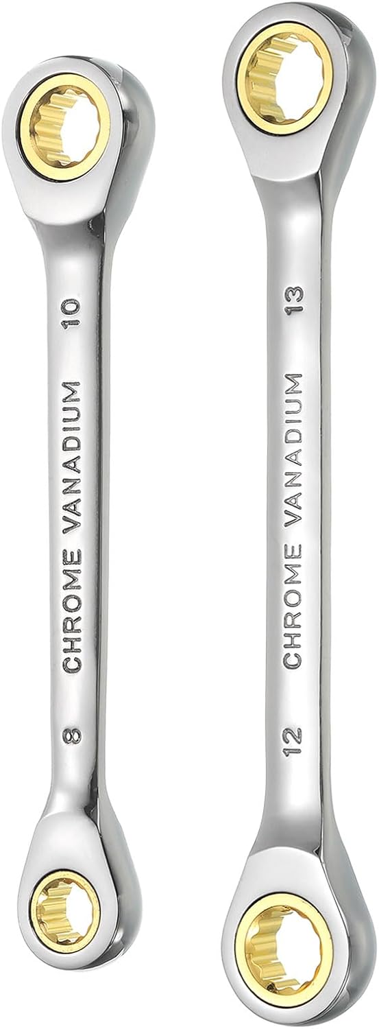 HARFINGTON 1 Set Double Box End Ratcheting Wrench 8 x 10mm / 12 x 13mm Metric 72 Tooth Ratchet Gear Spanner Tools CR-V Black Nickel Plating Dual Box End Ratcheting Wrench for Repairs
