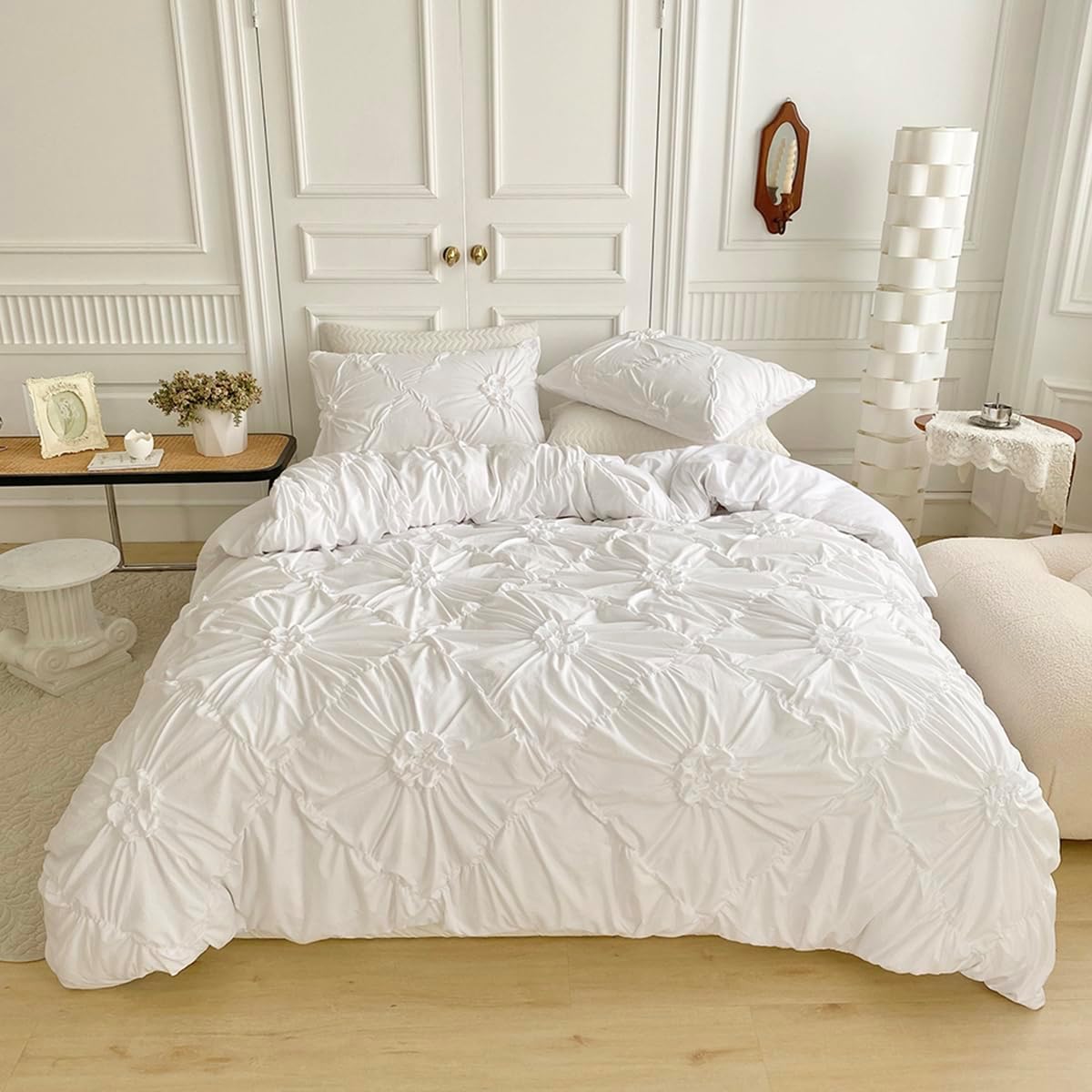 Nayoroom White Pintuck Duvet Cover King Size Boho Floral