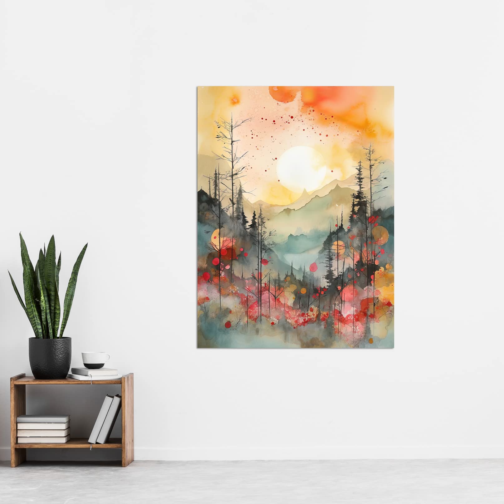 Artery8 Sunrise Over Misty Mountain Forest Landscape Modern Watercolour Painting Extra Large XL Wall Art Poster Print - Image 2