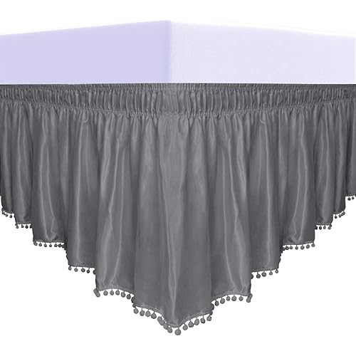 PureFit Satin Silk Pom Pom Wrap Around Bed Skirt with Adjustable Elastic Belt - 16 Inch Drop Easy to Put, Wrinkle Free Dust Ruffles, Bed Frame Cover for Twin, Twin XL and Full Size Beds, Dark Gray