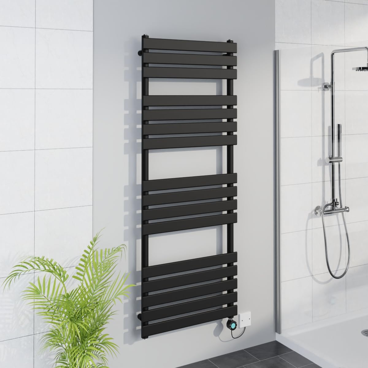 Warmehaus Black Smart Wifi Thermostatic Electric Bathroom Flat Panel Heated Towel Rail Warmer Radiator With Timer 1600X600mm