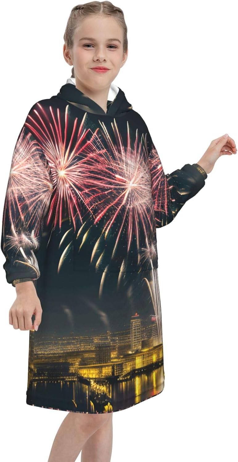 Fireworks Pattern Print Oversized Blanket Hoodie, Wearable Blanket Hooded,Hooded Pullover With Pocket