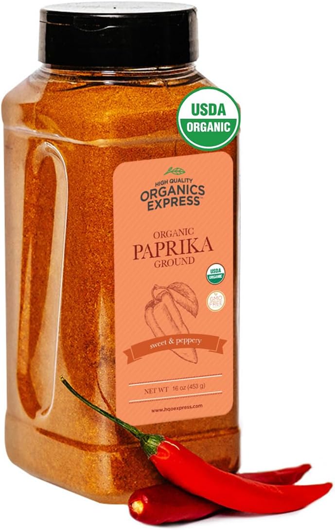 HQOExpress Organic Paprika – Non GMO, Kosher, USDA Certified Organic Ground Paprika Powder – Sweet and Mildly Spicy Seasoning for Soups, Chilis, Sauces and Stews, 16 oz. Chef Jar