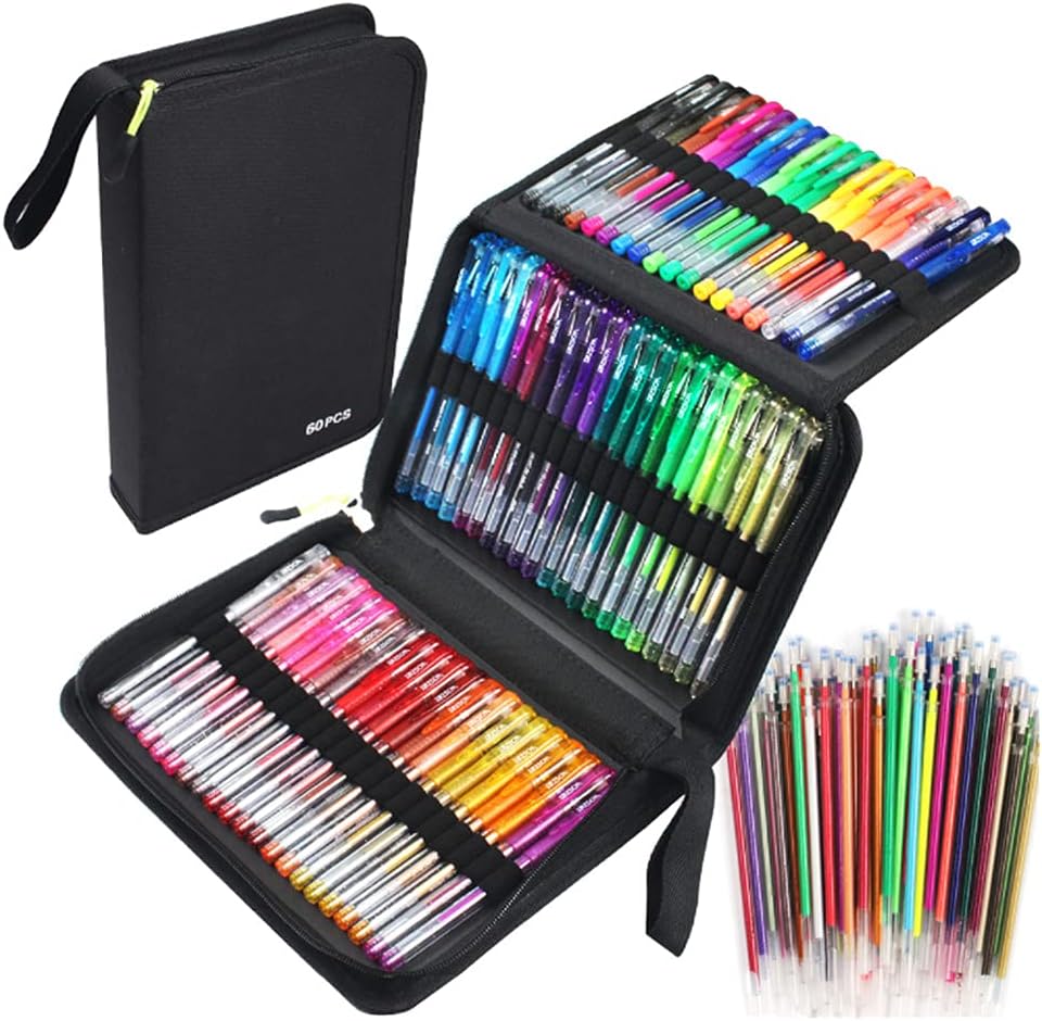 Glitter Gel Pens for Adult Coloring Books, 122 Pack Artist Supplies Colored Neon Glitter Gel Marker Pens Set with 40% More Ink for Kids Drawing Note Taking Crafts Scrapbooks Bullet Journaling Doodling