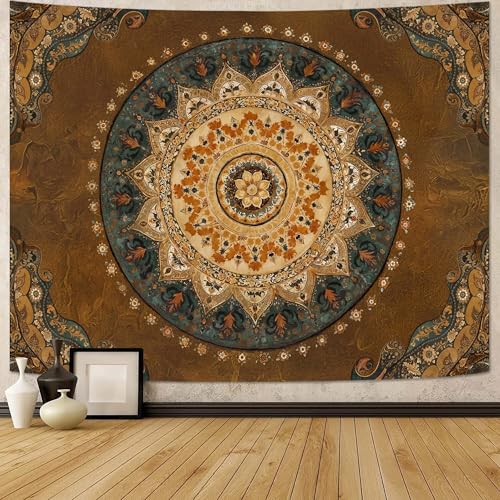 Accnicc Boho Mandala Tapestry Wall Hanging Hippie Bohemian Floral Medallion Indian Tapestry Aesthetic Small Vintage Brown Yellow Meditation Tapestries for Bedroom Living Room Dorm Decor 48 x 36 Inch