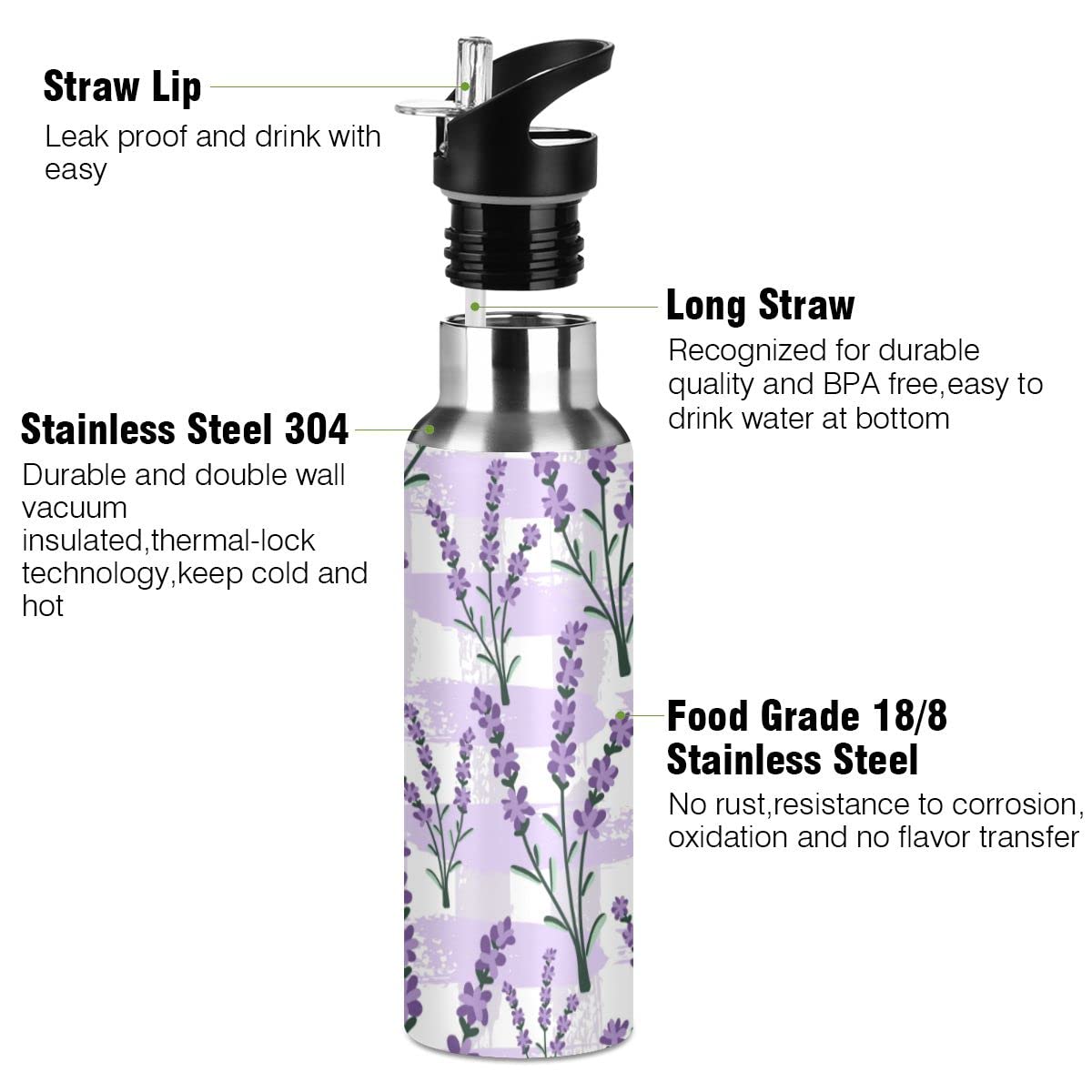 Edelstahl Wasserflasche mit Strohhalm, Retro Lila Lavendel Isolierte Trinkflasche Sport Wasserflasche für Kinder Erwachsene, auslaufsicher, 1L