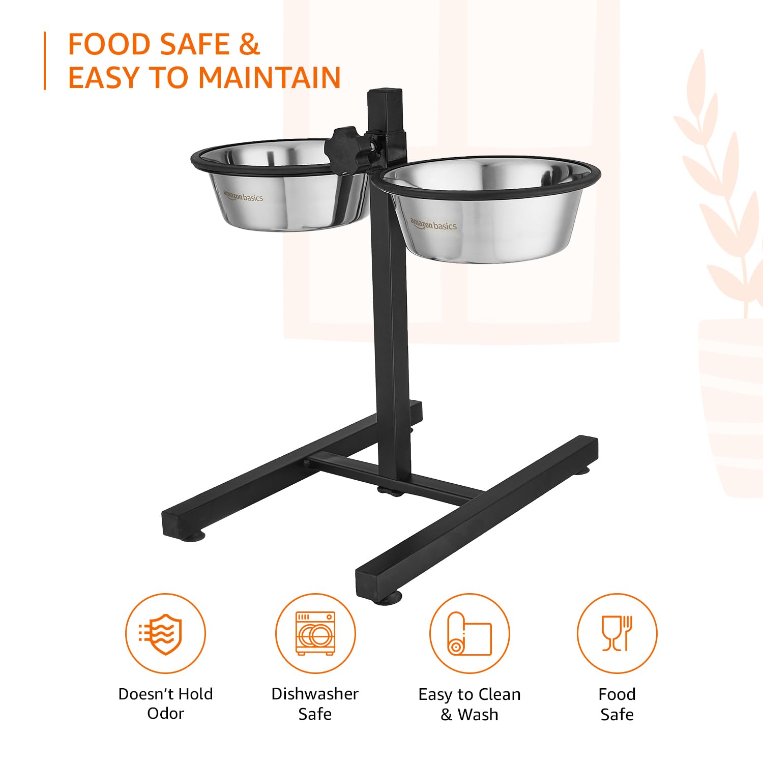 Amazon Basics Adjustable Double Diner for Pet Food and Water | 1500 ml Each | Two Removable Stainless Steel Bowls | Cat and Dog Food Bowl | Adjustable Height | Extra Rubber Support | H-Base 2