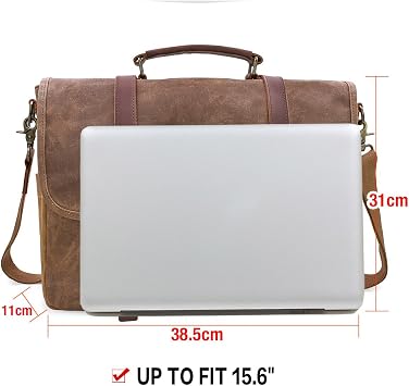 NEWHEY Mens Messenger Bag 15.6 Inch Business Office Work Briefcase Brown | Waterproof, Vintage Genuine Leather, Waxed Canvas, Large Satchel Shoulder Bag, Rugged Leather Computer Laptop Bag