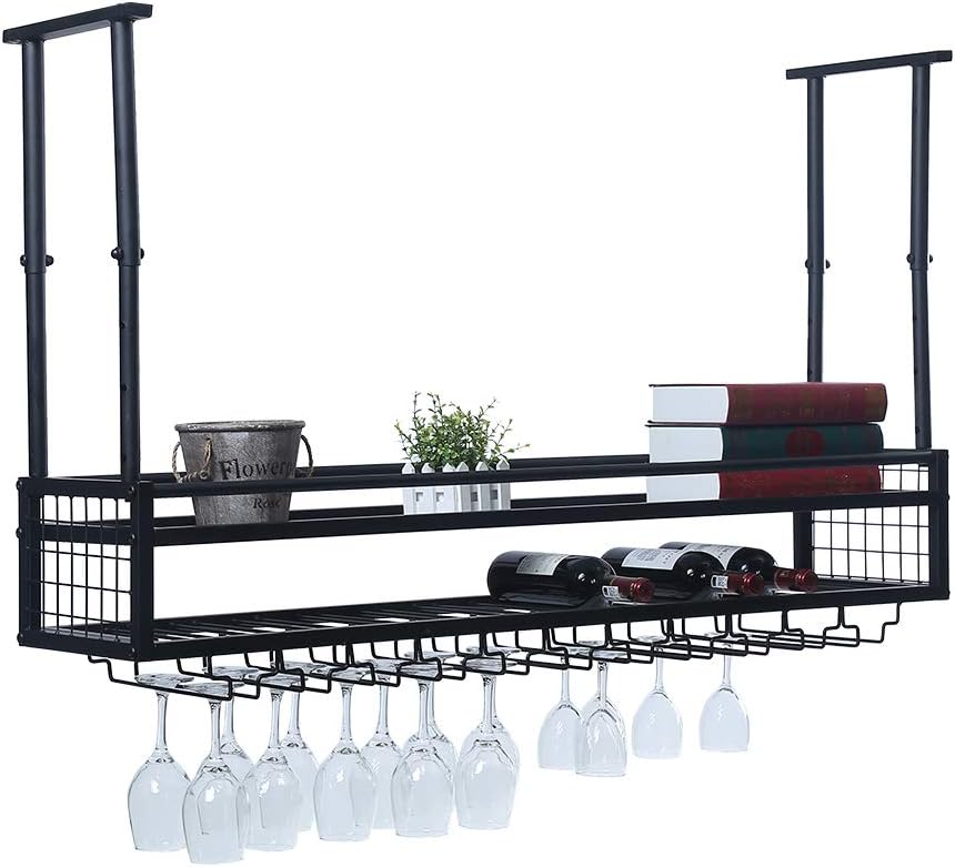 GWH Hanging Wine Rack with Glass Holder and Shelf,Adjustable Metal Ceiling Bar Wine Glass Rack,2-Layer Industrial Wall Mounted Wine and Glass Rack,47.2in Iron Bottle Holder Wine Shelf(Black)