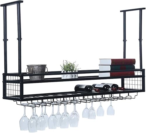 Estante colgante para copas de vino para bares y restaurantes, soporte ajustable de metal para copas de vino de 47.2 pulgadas, estante industrial de