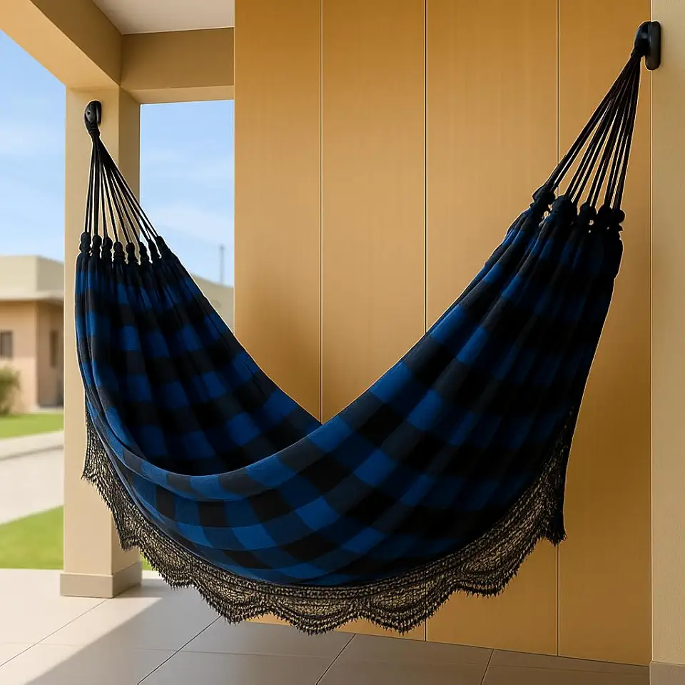 Rede de Dormir Casal Jaguaruana, 4,50m, 100% Algodão, Suporta 180kg (Preto e Azul)